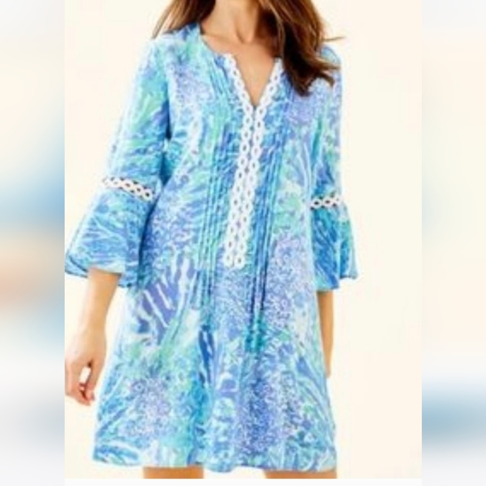 Lilly Pulitzer Hollie Tunic Blue and Green Patterned Dress Size Xs .